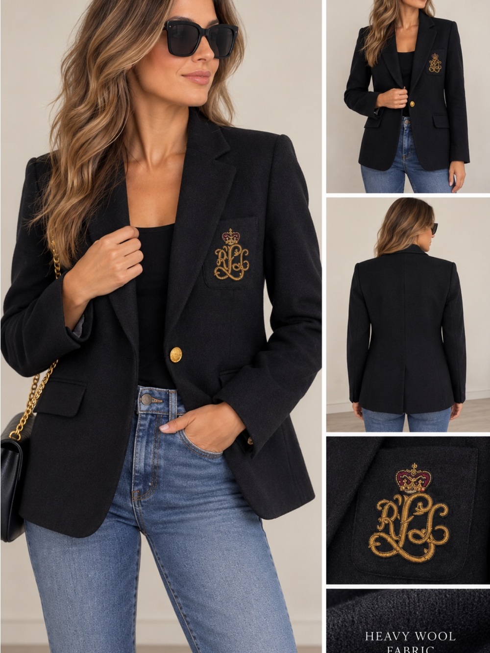 Lauren Ralph Lauren Blazer Jacket Women 14 Black Embroidered Crest Wool Heavy